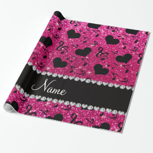 Name neon hot pink glitter music notes hearts wrapping paper