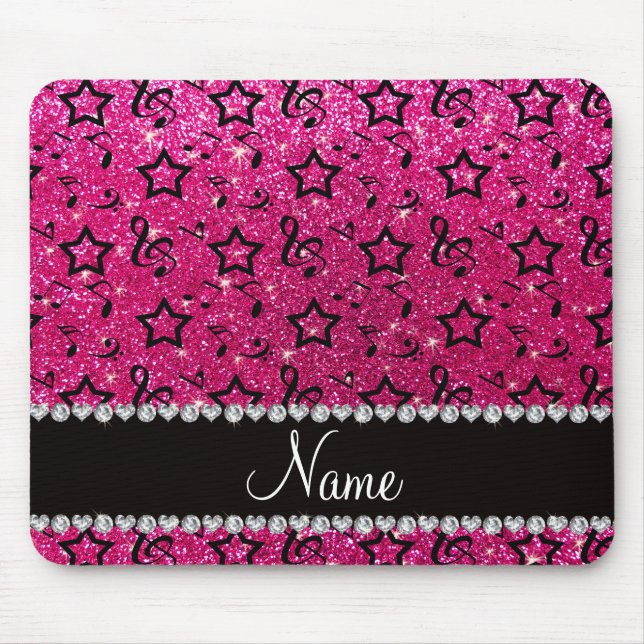 Name neon hot pink glitter music notes stars mouse pad (Front)