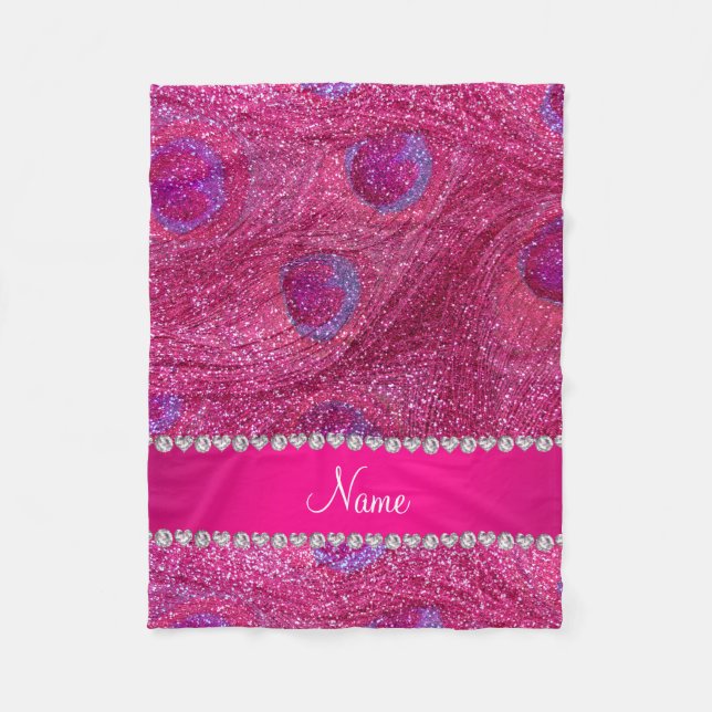 Name neon hot pink glitter peacock feathers fleece blanket (Front)