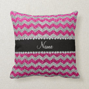 Name neon hot pink silver glitter chevrons cushion