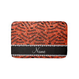Name neon orange glitter happy birthday balloons bath mat
