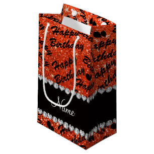 Name neon orange glitter happy birthday balloons small gift bag