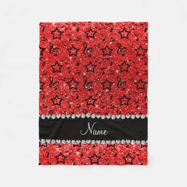 Name neon red glitter music notes stars fleece blanket (Front)