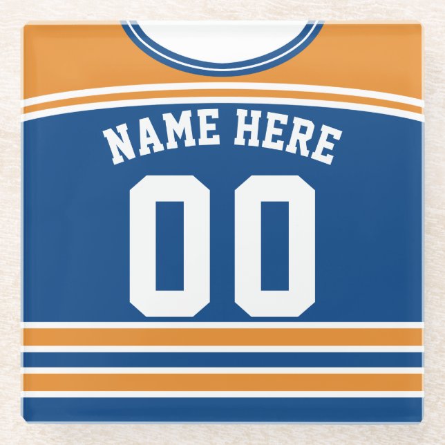Name & Number Orange & Blue Hockey Jersey Glass Coaster (Front)