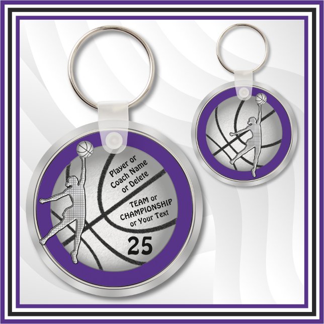 Name, Number, Player, Team, Basketball Keychains (Cheap, Basketball team gifts for girls. Personalised basketball keychains for her. Purple and Silver)