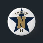 Name Number Star Navy Blue and Gold Veteran  3 Cm Round Badge<br><div class="desc">Personalised lapel pin with editable number,  monogram and name in navy blue and metallic gold,  for a veteran birthday or memorial
the braided rope used from www.vecteezy.com/free-vector/anchor-rope</div>