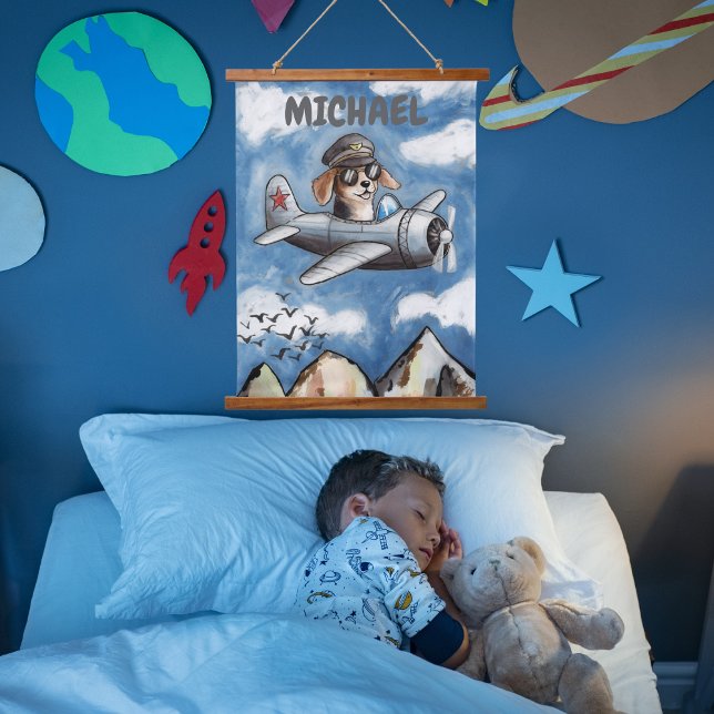 Name nursery art Funny Dog Aeroplane Clouds Custom Hanging Tapestry (Creator Uploaded)