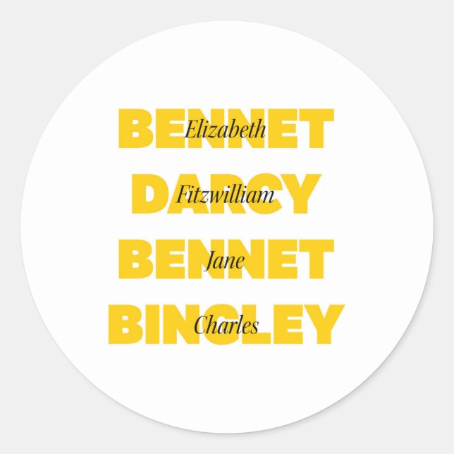 Name of Main Characters from Pride and Prejudice Classic Round Sticker (Front)