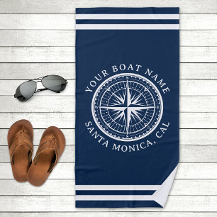 Name of your boat Nautical Compass Navy blue Beach Towel