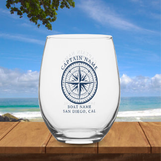 Name of your boat Nautical Vintage Compass Stemless Wine Glass