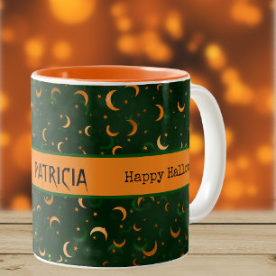 Name on Halloween Bokeh Moons & Stars 11oz Two-Tone Coffee Mug
