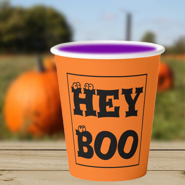Name on Halloween Orange & Black Hey Boo Eyeballs Paper Cups (Creator Uploaded)