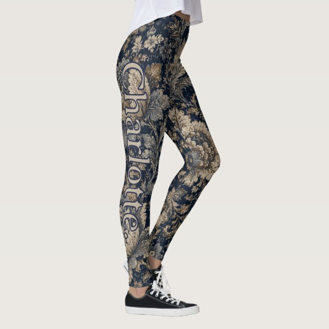 Name on Navy Gold Botanical Textile Pattern Leggings (Right)