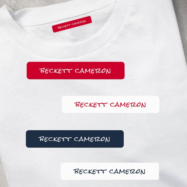 Name on Red White Blue Adhesive Waterproof (1.75" x .3125" clothing labels iron-on or adhesive, 2 sheets of 48 labels, USE 1 OR up to 4 NAMES)