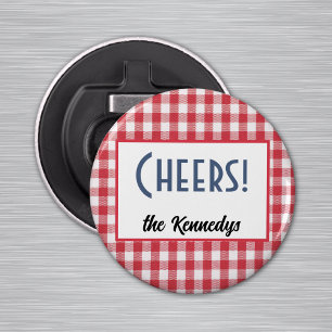 Name on Red & White Check "Cheers!" Magnet Bottle Opener