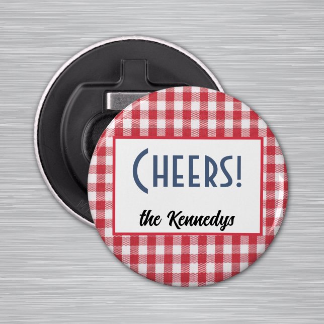 Name on Red & White Check "Cheers!" Magnet Bottle Opener (Creator Uploaded)