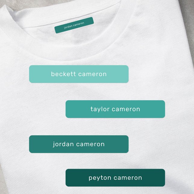 Name on Teal Adhesive Waterproof (1.75" x .3125" clothing labels iron-on or adhesive, 2 sheets of 48 labels, USE 1 OR up to 4 NAMES)