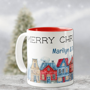 Name on Trendy Watercolor Merry Christmas 11oz Two-Tone Coffee Mug