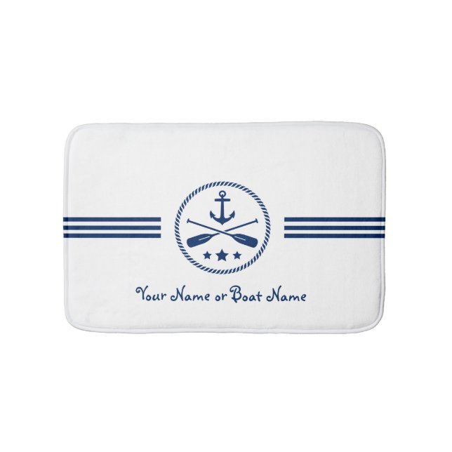 Name or Boat Nautical Anchor & Crossed Oars Navy Bath Mat (Front)