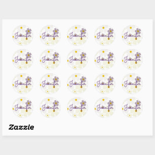 Name Over Pale Cream and Purple Flowers Classic Round Sticker