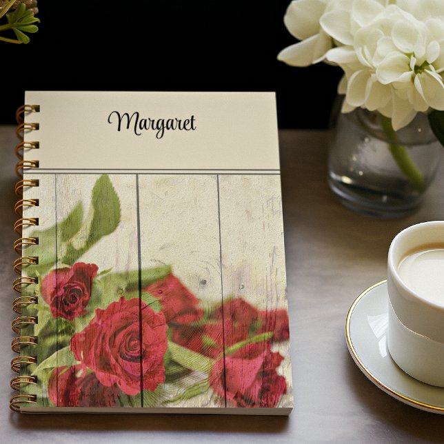 Name, Painted Red Roses on Weathered Wood Photo Notebook (Creator Uploaded)