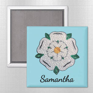 Name, Paper Quilled Yorkshire White Rose 2-in Blue Magnet