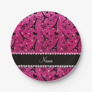 name paris eiffel tower neon hot pink glitter paper plate
