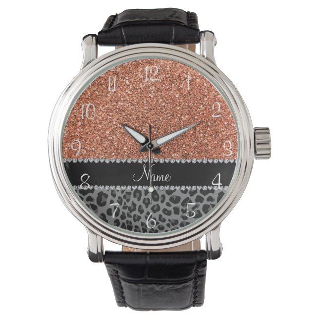 Name pastel orange glitter black leopard watch (Front)