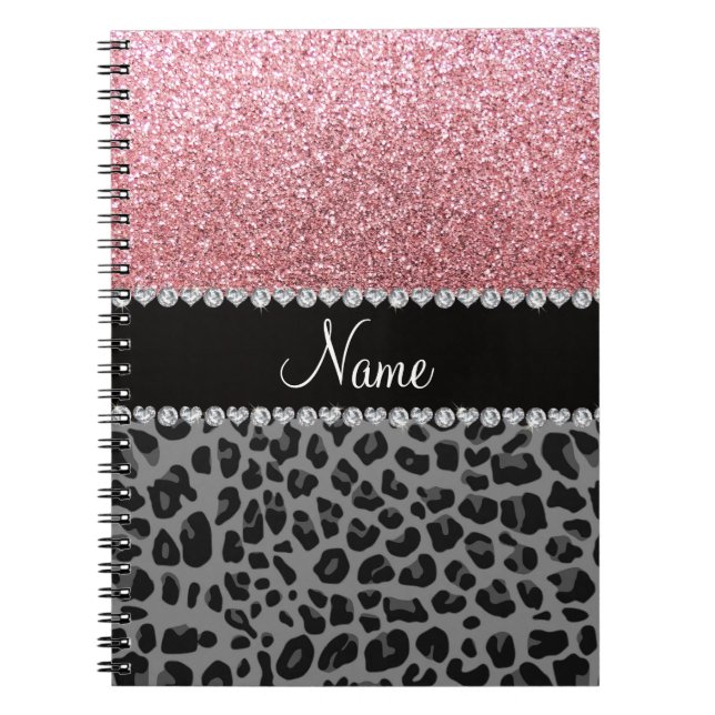 Name pastel pink glitter black leopard notebook (Front)