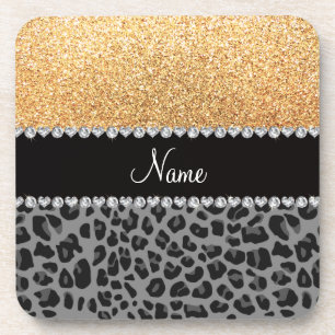 Name pastel yellow glitter black leopard coaster