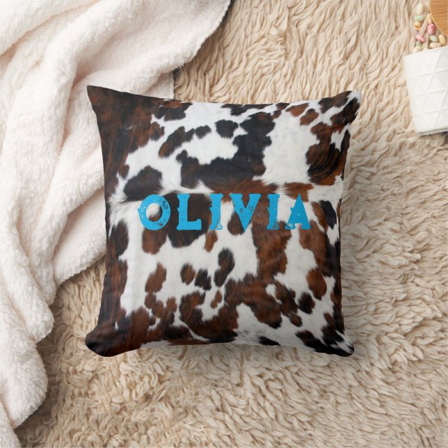 Name Patchwork Cowhide Print Western Rustic Blue Cushion (Blanket)