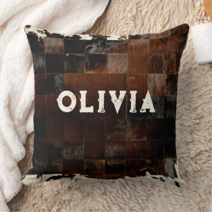 Name Patchwork Cowhide Print Western Rustic Farm Cushion