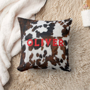 Name Patchwork Cowhide Print Western Rustic Red Cushion