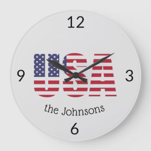Name, Patriotic Bold USA Flag Round Large Clock