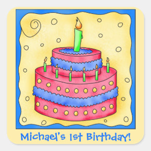 Name Personalise Boy First Birthday Party Cake Art Square Sticker