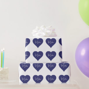 Name Personalised Dark Blue Heart Custom Wrapping Paper