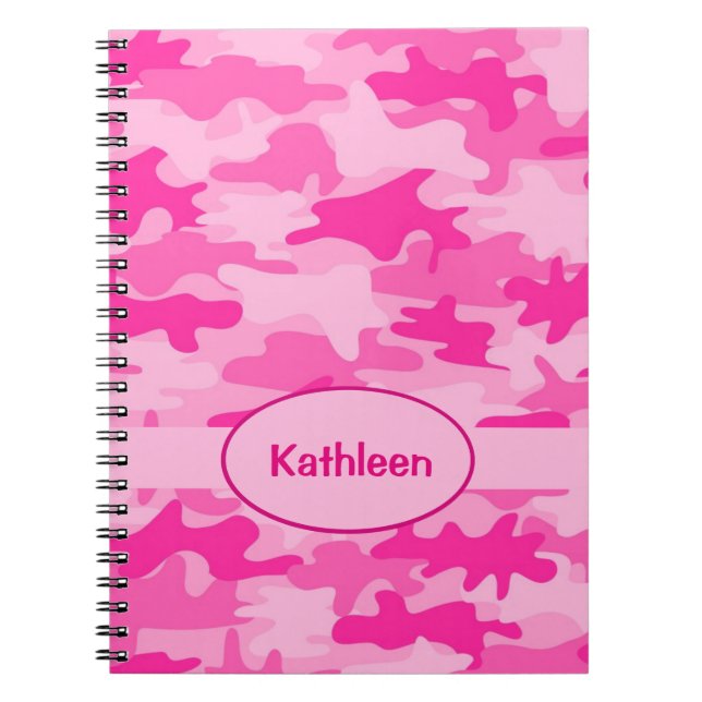 Name Personalised Hot Pink Camouflage Writing Spiral Notebook (Front)