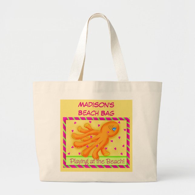 Name Personalised Octopus Yellow Orange Beach Tote (Front)