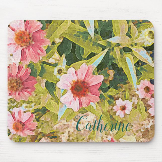 Name Personalised Pink Coneflower Green Leaves Art Mouse Pad (Front)
