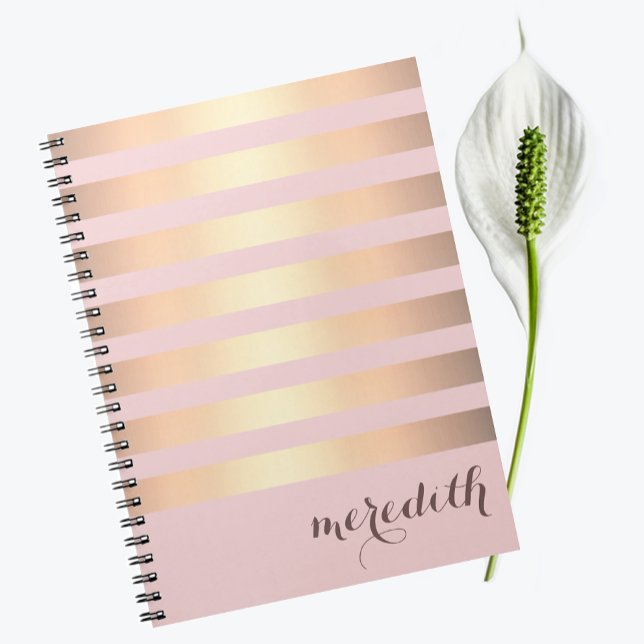 Name Personalised Pink/Gold Metallic Striped Spiral Notebook (Creator Uploaded)