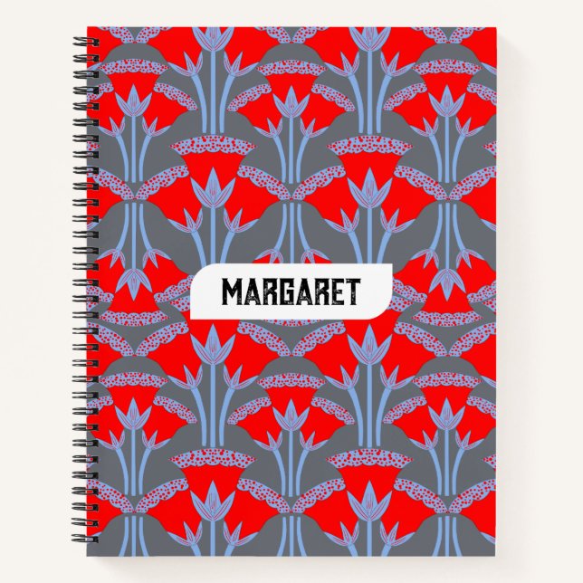 Name Personalised Red Bellflower Spiral Notebook (Front)