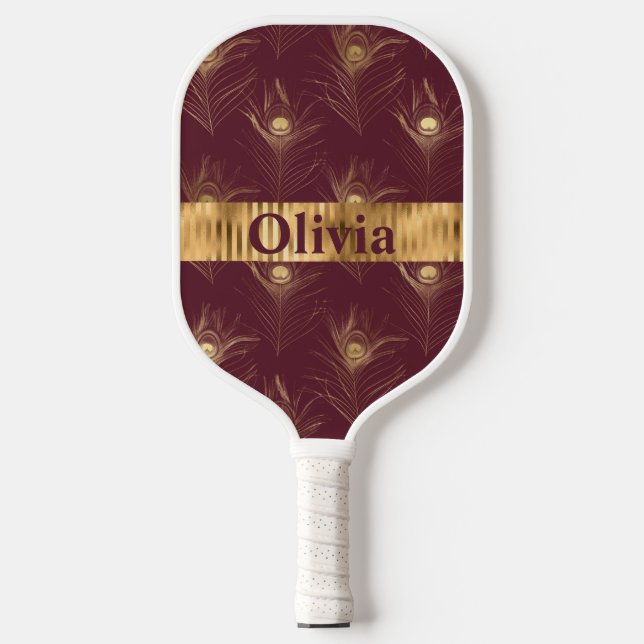 Name Personalised Red Peacock Print Gold  Pickleball Paddle (Front)