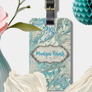 Name Personalised Teal & Fawn Marble Geode Luggage Tag