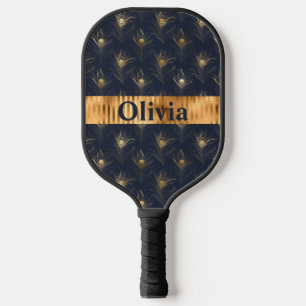 Name Personalized Peacock Feathers Print Gold Pickleball Paddle