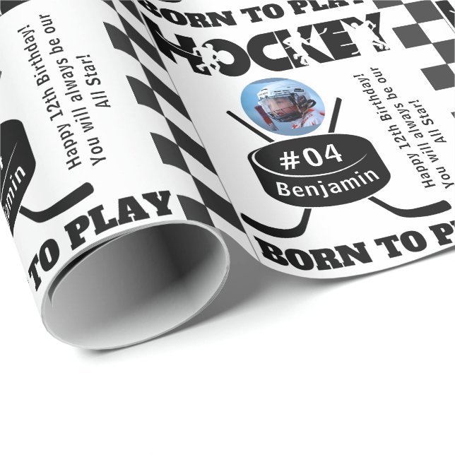 Name Photo Age Jersey Number Sentiment Hockey Wrapping Paper (Roll Corner)