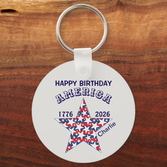 Name, Photo or Logo, Happy Birthday America Round Key Ring (Front)