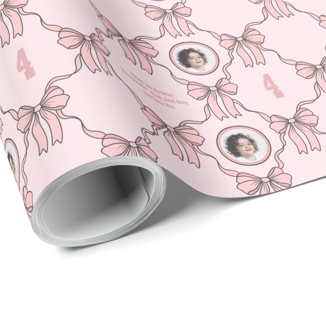 Name Photo Text Sentiment Pink Coquette Bow Wrapping Paper (Roll Corner)