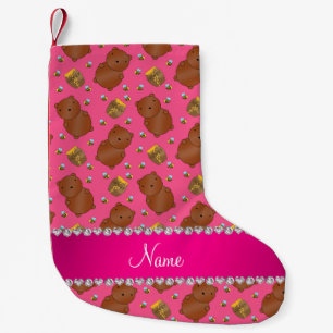 Name pink bears honeypots bees pattern small christmas stocking