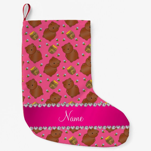 Name pink bears honeypots bees pattern small christmas stocking (Front)