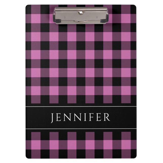 Name Pink & Black Checks Plaid Gingham Pattern Clipboard (Front)